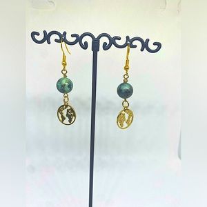 African Turquoise and Sterling Silver World Charm (gold) Earrings